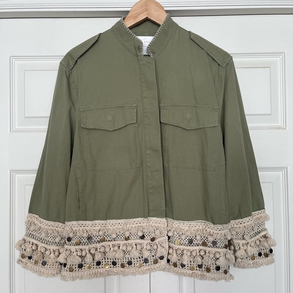 Zara Jackets & Blazers - {Zara Woman} Tassel Coin Fringe Trim Short Parka Utility Jacket in Green - Small
